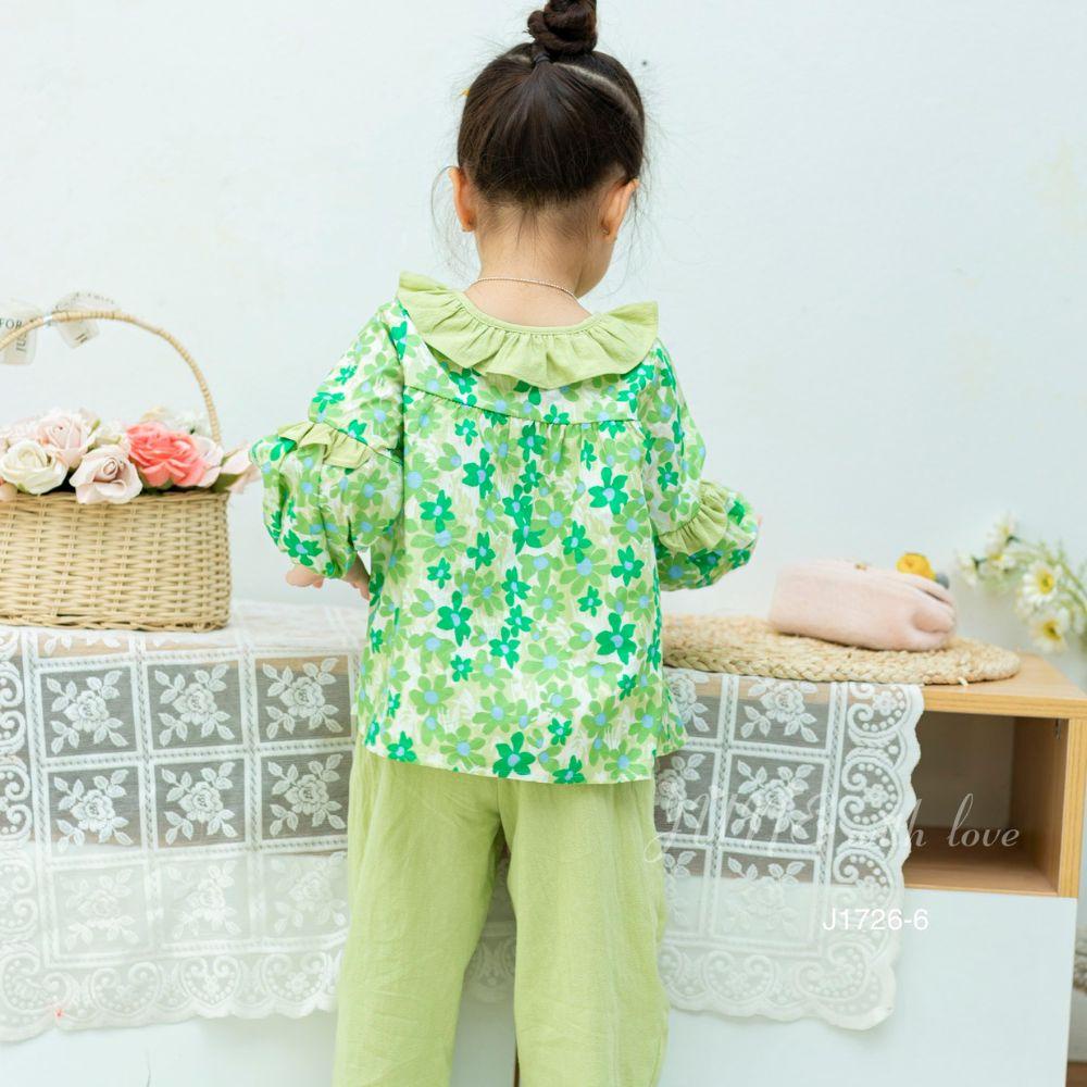 Bộ bé gái tay dài áo hoa cổ bèo xinh xắn, thích hợp mặc đi chơi, mặc ở nhà Shushibaby