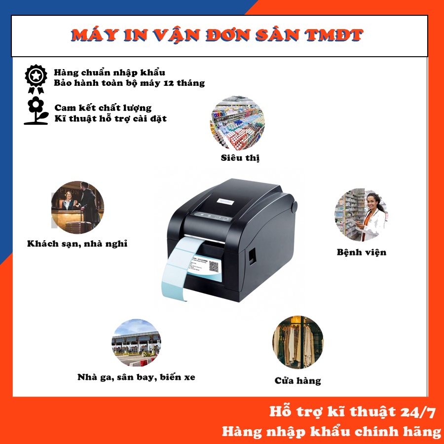 Máy in tem Xprinter 350BM chính hãng, in tem sàn TMĐT, GHTK, tem trà sữa