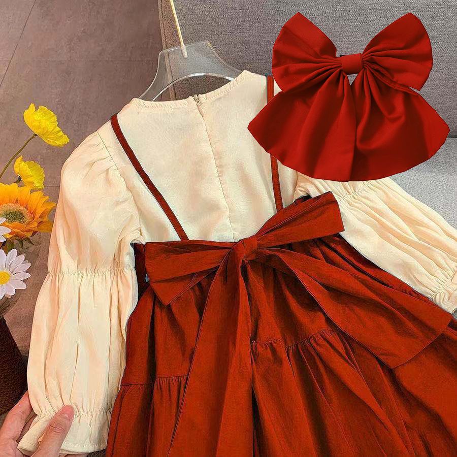Đầm Công Chúa Tay Dài Màu Đỏ / Xanh Dương Cho Bé Gái Size 80-150