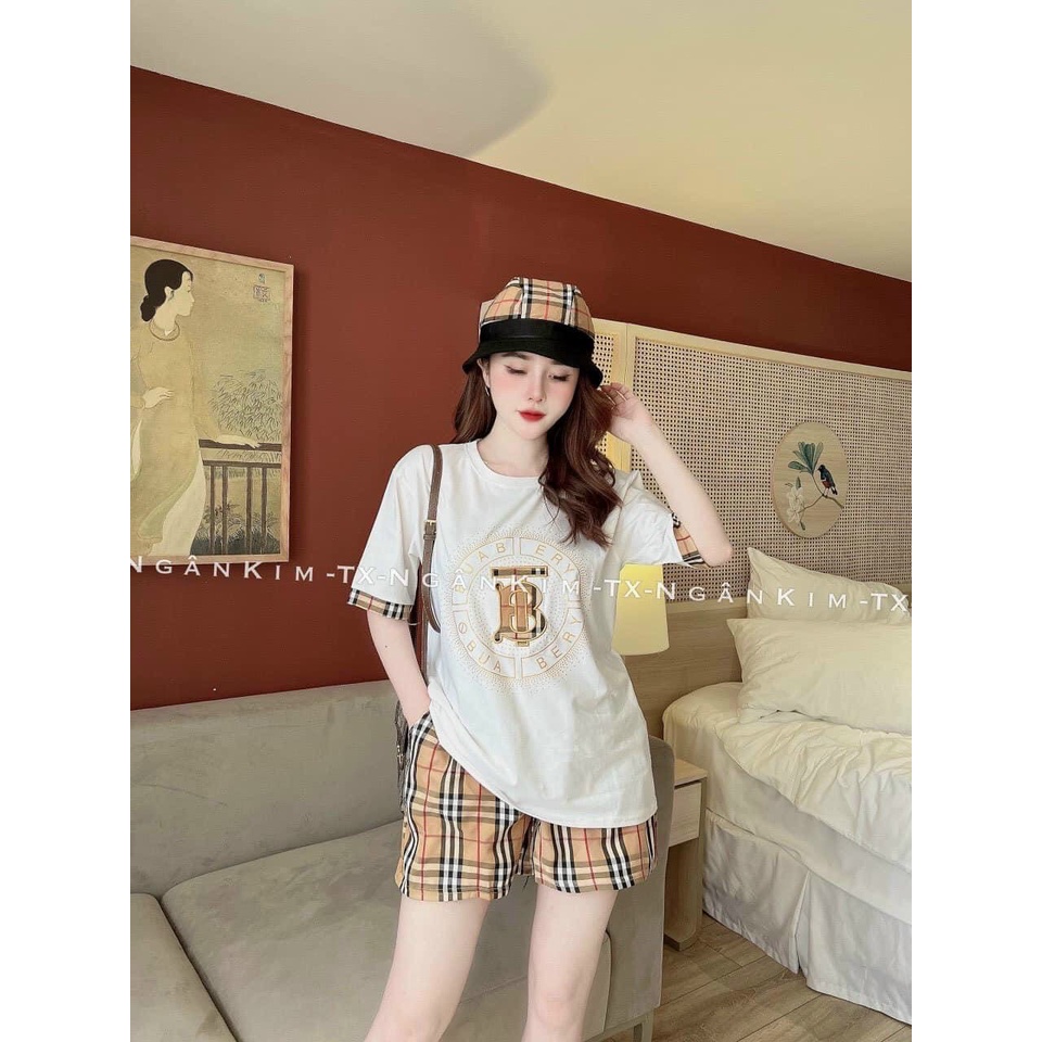 [11.11 Sale Freeship] Set bộ đùi đi chơi,áo thun in hình chữ form rộng tay ngắn kèm quần short kẻ sọc ô caro xinh xắn