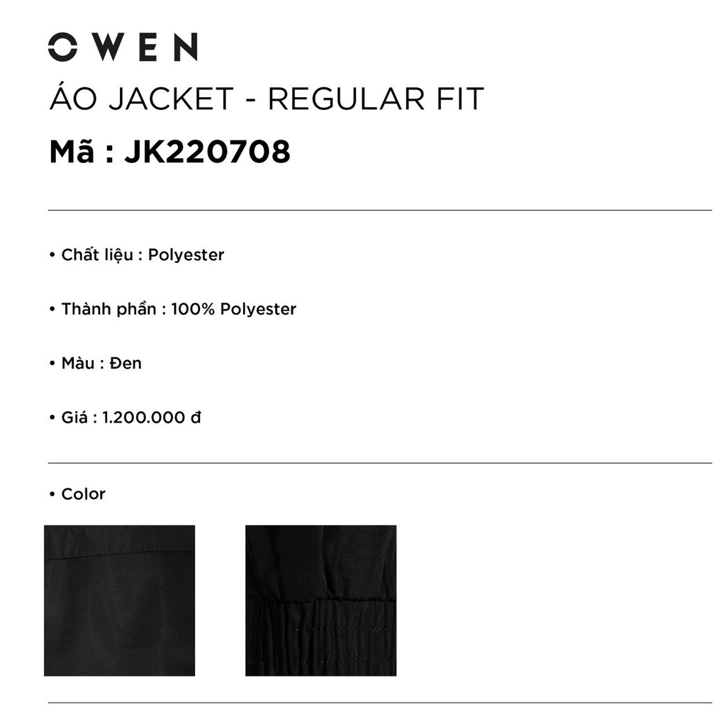 Áo khoác gió Nam Owen JK220708 jacket nhẹ 2 lớp màu đen trơn vải polyester cao cấp dáng suông cổ đứng bo tay và gấu