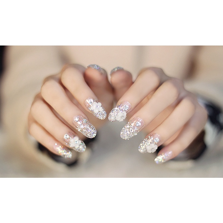 Bộ 24 Móng Tay Giả Hình Hoa Đính Kim Cương Giả Màu Bạc