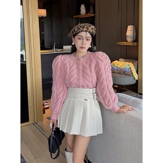 Áo len cardigan ins hồng cổ tròn vai bồng họa tiết vặn thừng