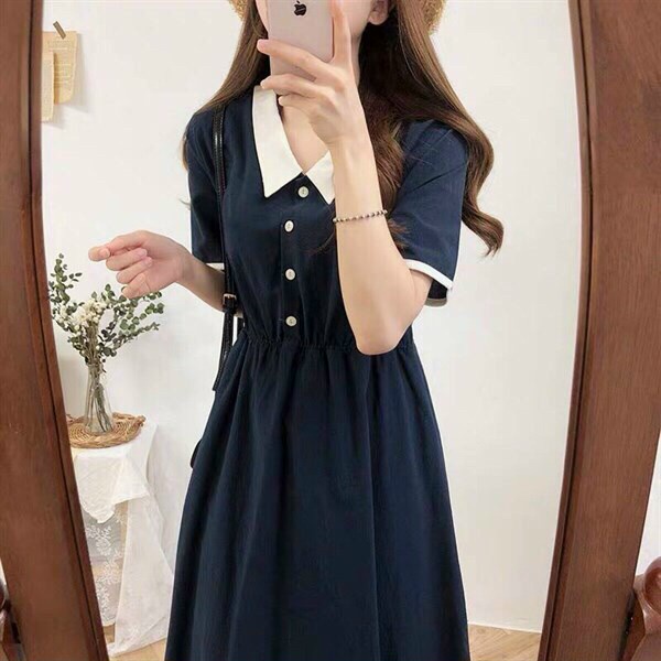 [11.11 Sale Freeship] Đầm cổ V tay ngắn phối trắng,váy tiểu thư nữ dài dáng xếp ly nhúm eo thanh lịch trẻ trung mtb