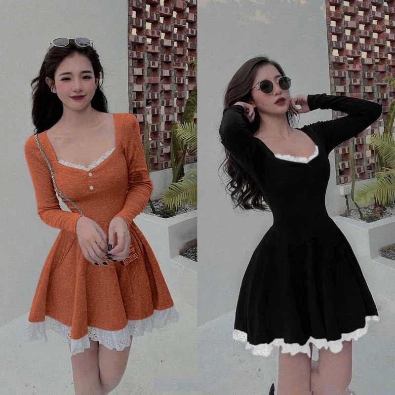 ĐẦM XOÈ TAY DÀI PHỐI VIỀN REN DÁNG CHỮ A SIÊU HÓT