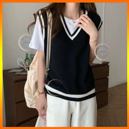 Áo Gile Nữ Cổ Tim Basic Chất Len Dệt Mềm Mịn Phối Viền Sọc Cá Tính Phong Cách Hàn Quốc Hanva