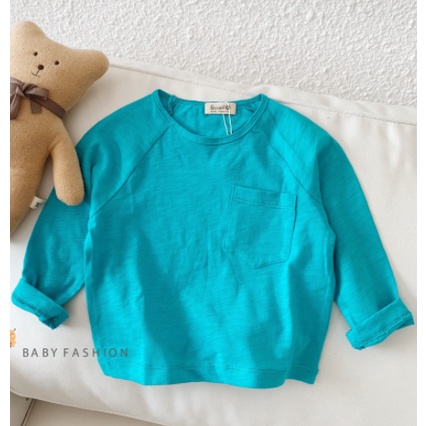 Áo phông dài tay cotton cho bé trai, bé gái trơn phối túi 6 màu basic