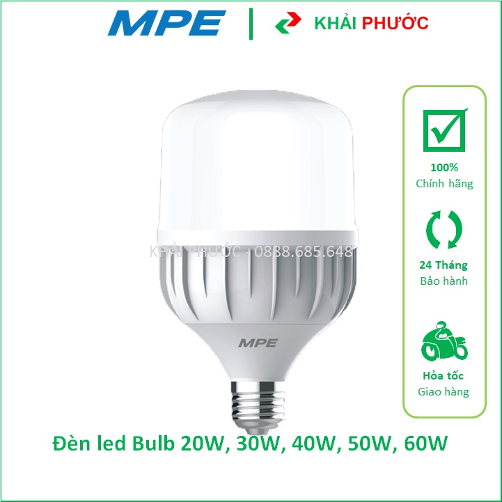 BÓNG ĐÈN LED BULB TRỤ BÚP 20W 30W 40W 50W 60W ÁNH SÁNG TRẮNG VÀNG LBD MPE - KHẢI PHƯỚC ELECTRIC
