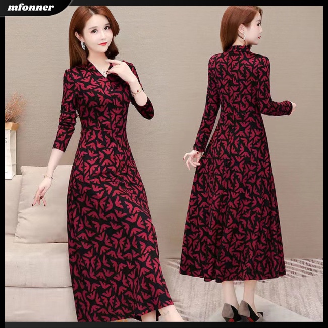 Đầm Dài Tay Cổ Chữ V Eo Cao In Hoa Thanh Lịch Dành Cho Nữ