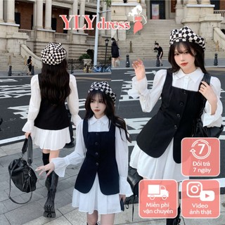 Set váy dài tay, Váy sơ mi trắng nữ dài tay loe phối áo gile đen freesize phom rộng đi chơi hàn quốc WIkishop C1166