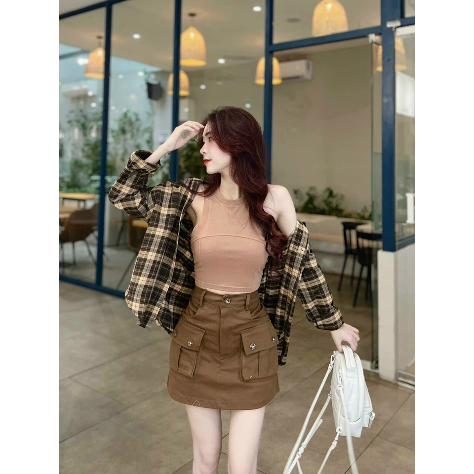 [11.11 Sale Freeship] Set bô ba món,set bộ áo khoác sơ mi caro tay dài kèm áo trong mix chân váy có túi xinh xắn mtb