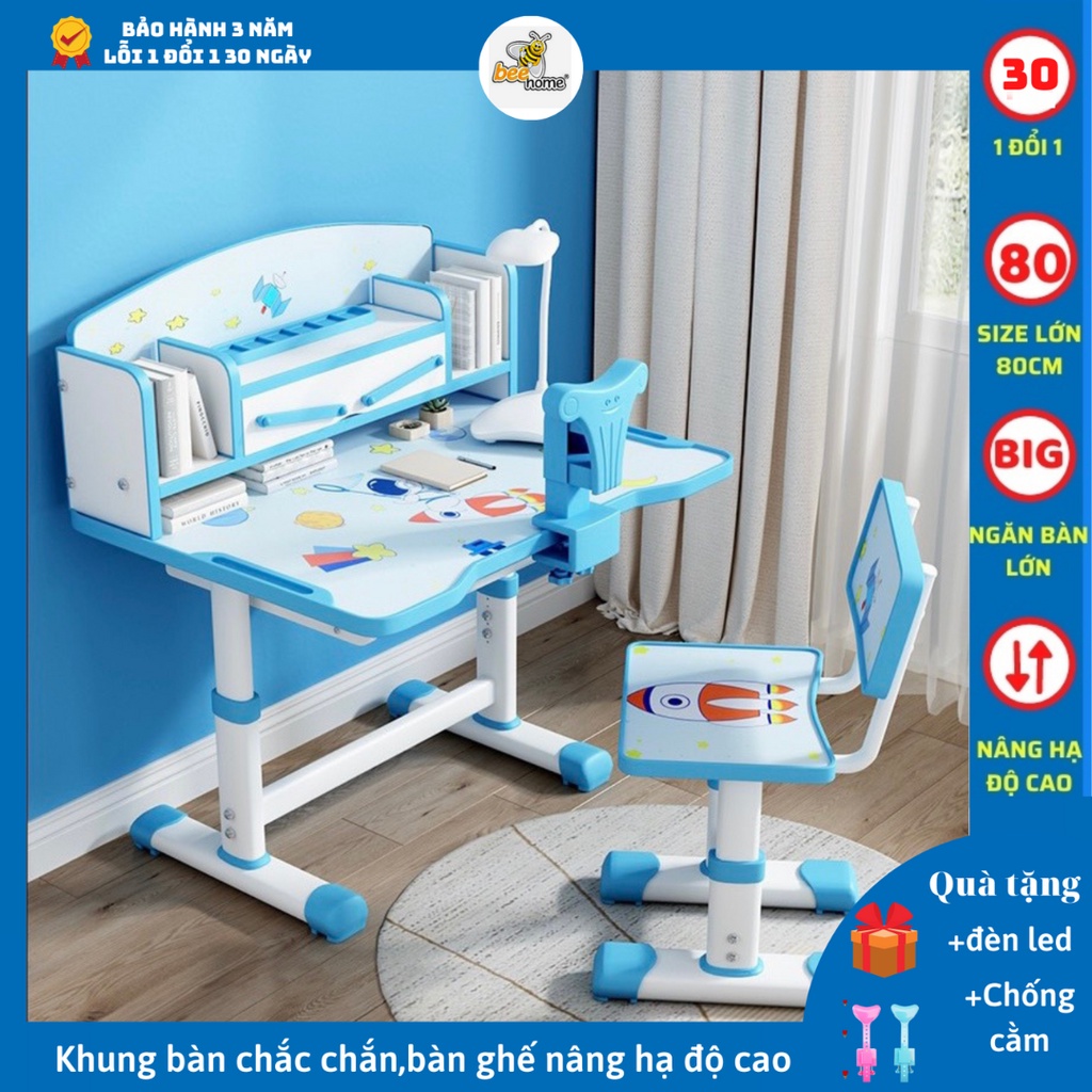 Bộ bàn học sinh bàn học thông minh cho bé chống cận chống gù điều chỉnh được độ cao C03 2 màu xanh hồng