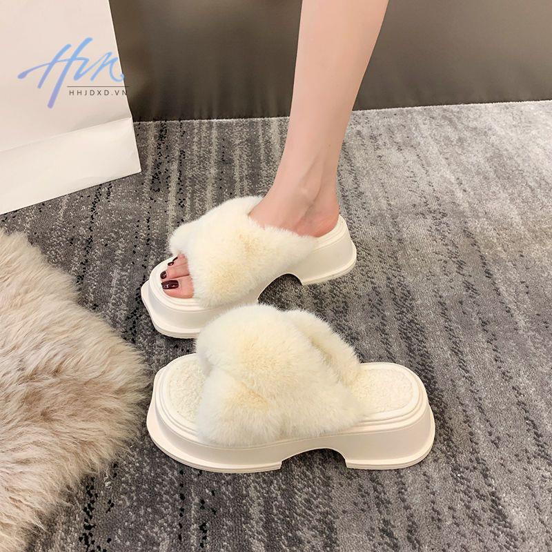 Dép Quai Ngang Đế Dày Phối Lông Thời Trang Thu Đông 2022 Mới Cho Nữ