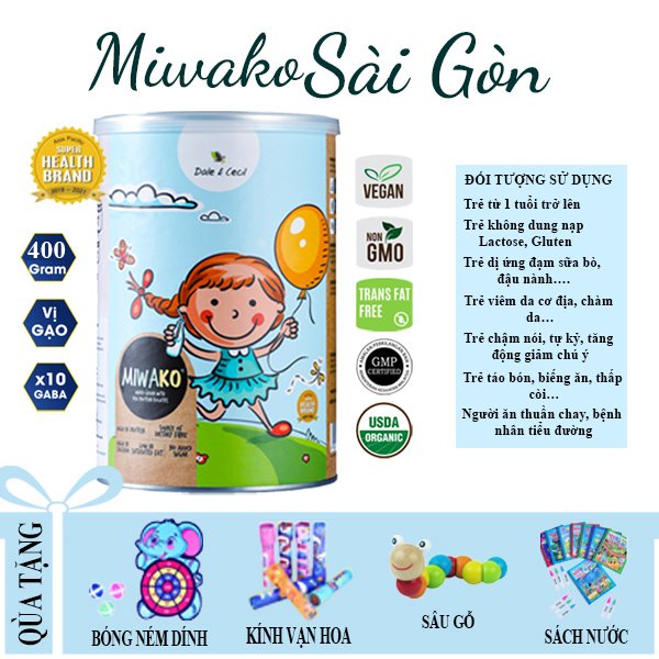 Sữa thực vật hữu cơ Miwako, hộp 400g cho trẻ dị ứng đạm sữa bò, k dung nạp lactose,tự kỷ, tăng động giảm chú ý, chậm nói
