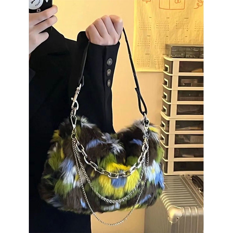 MISCHA Túi Xách Lông Nhung Mềm Mại Phối Dây Xích Thời Trang Thu Đông Dành Cho Nữ