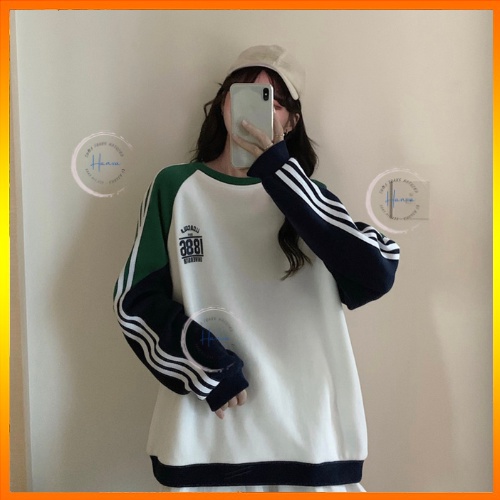 Áo Sweater Nữ Oversize Cổ Tròn Form Rộng Phối Màu Họa Tiết 1886 Năng Động Cá Tính Vải Nỉ Dày Hanva