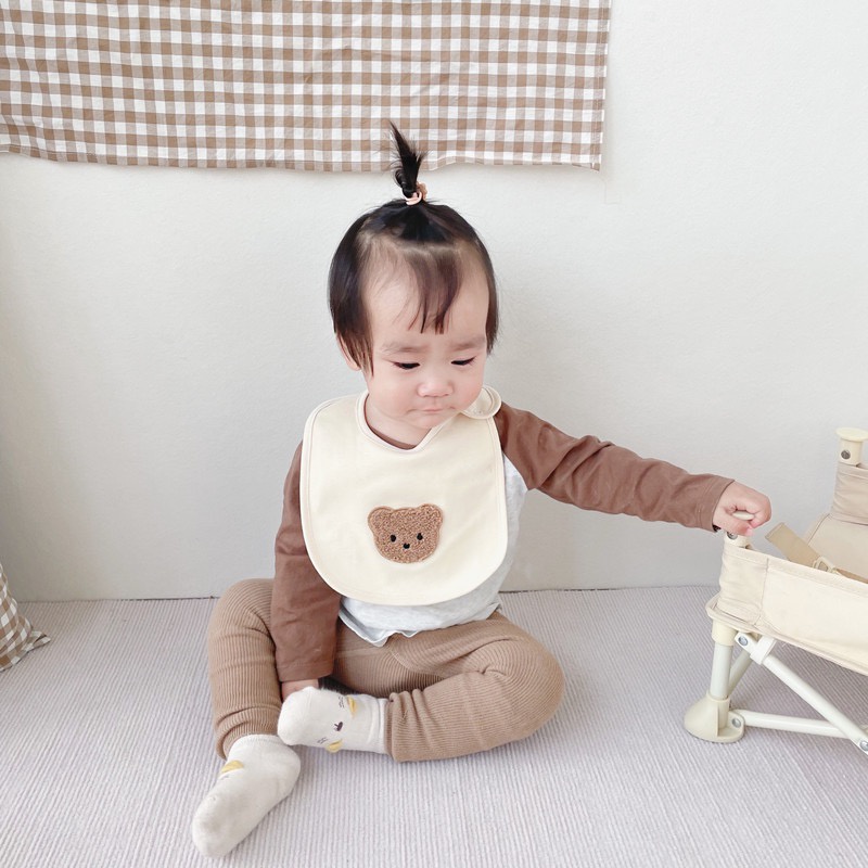 Yếm ăn dặm/yếm đeo cổ cho bé hình gấu kiểu chữ U 100% cotton thấm hút tốt phong cách Hàn Quốc dễ thương