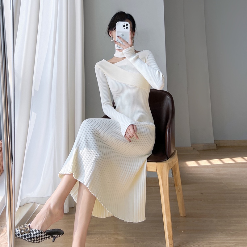 Đầm Dệt Kim Tay Dài Cổ Chữ V Kiểu Dáng Sang Trọng