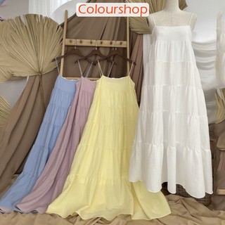 Đầm maxi 2 dây, đầm form babydoll thiết kế nhiều tầng tone màu pastel