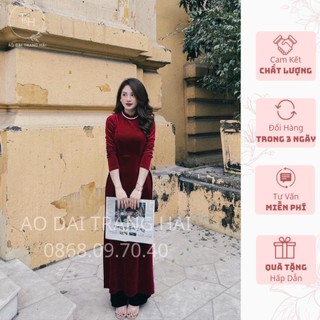 Áo dài nhung đỏ, áo dài truyền thống đỏ đô 2 tà nhung tay lỡ