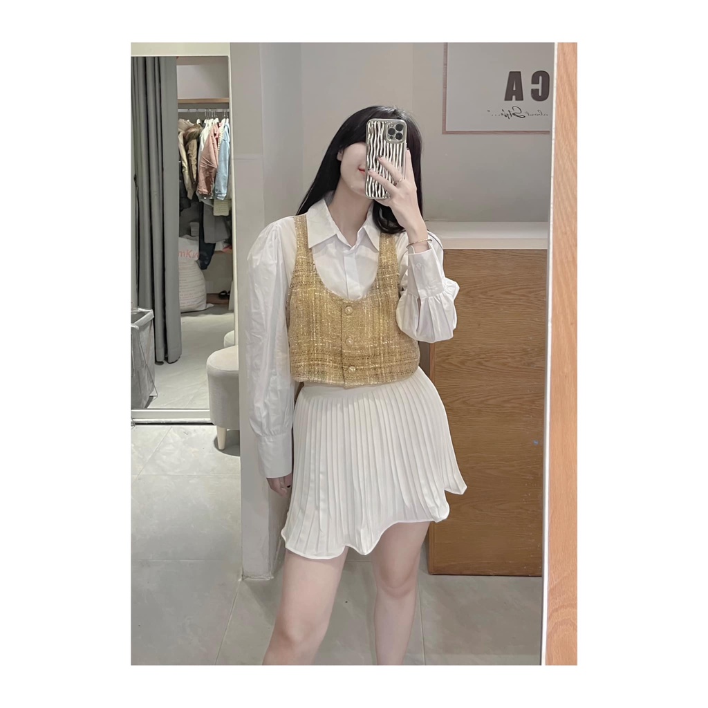 Áo sơ mi phối gile tweed