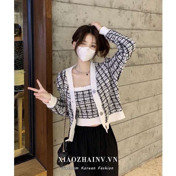 Set đồ XIAOZHAINV gồm áo len hai dây và áo khoác cardigan tay dài phong cách Hàn Quốc dành cho nữ