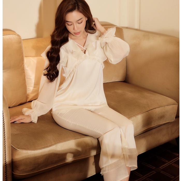 Bộ đồ ngủ nữ pyjama lụa thiết kế cao cấp LYSILK - BN223 - Áo dài quần dài đồ mặc nhà thoải mái