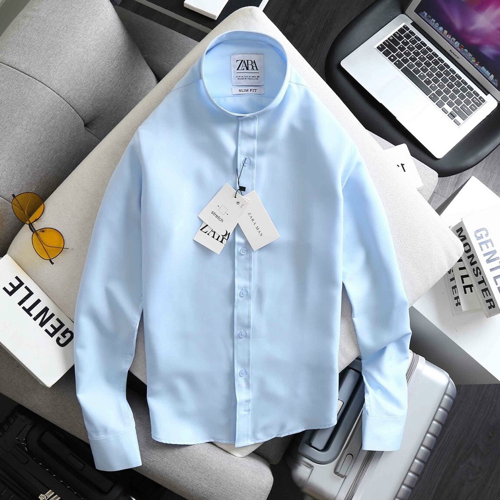 Áo sơ mi nam công sở thời trang cao cấp cổ trụ màu xanh nhạt