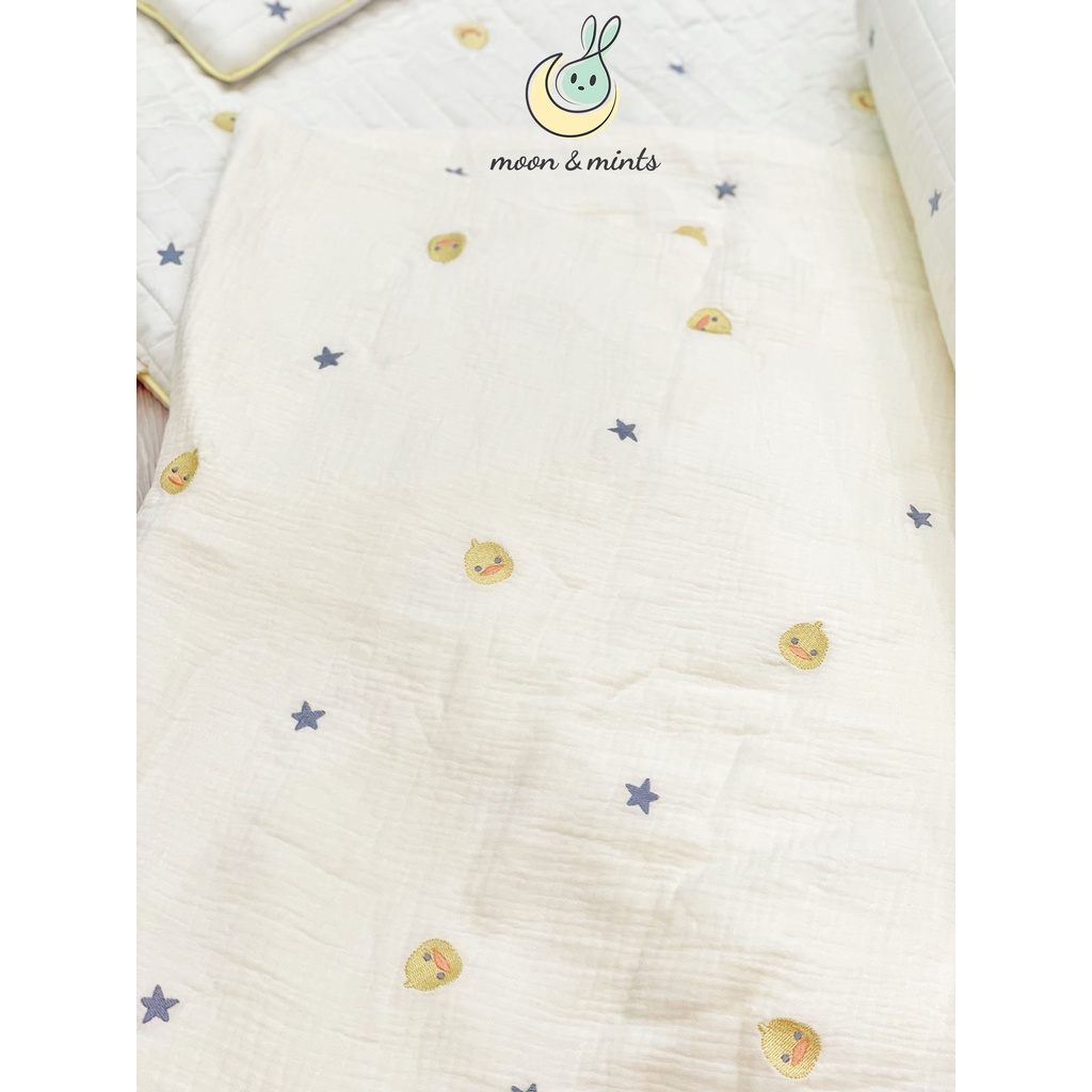 Chăn xô sợi gạc organic muslin Moon&Mints thêu gấu, thỏ cho bé, 4 lớp phong cách Hàn quốc