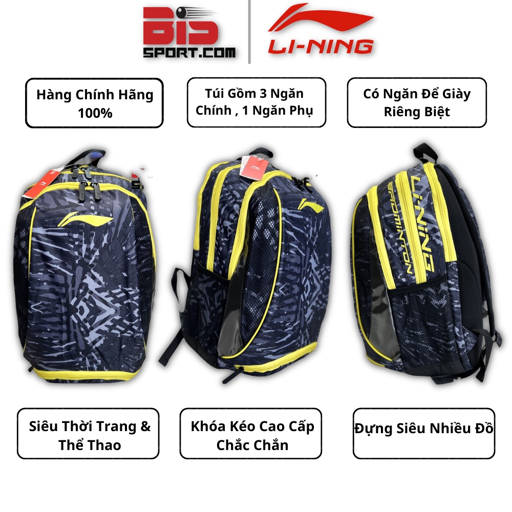 Balo Cầu Lông Lining ABSM198-2 Chính Hãng - Đen Vàng - Balo Siêu To - 3 Ngăn Chính Và Có Ngăn Để Giày Riêng