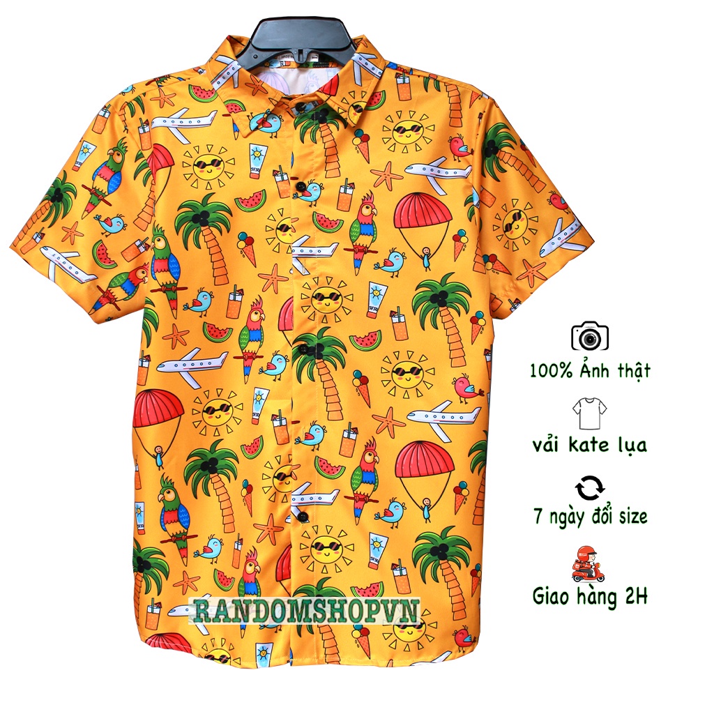 Áo sơ mi hoạt hình họa tiết máy bay nhảy dù chất liệu kate lụa vải mềm mịn mát - La' house uniform