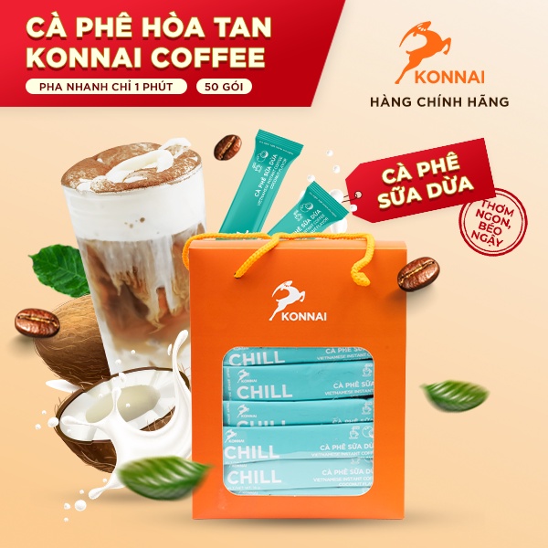 Cà phê hòa tan cafe sữa cafe sữa dừa bịch 50 stick Konnai Coffee