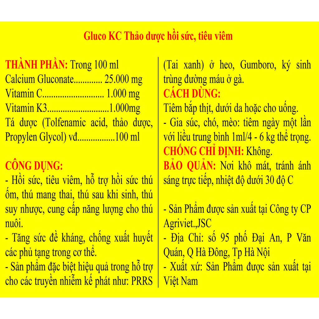 1 lọ Gluco KC 20ml Dùng tốt cho trâu, bò, heo, dê, cừu, ngựa, chó, mèo