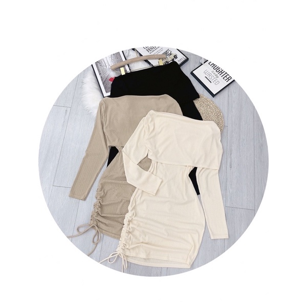 Đầm body bẹt vai rút dây