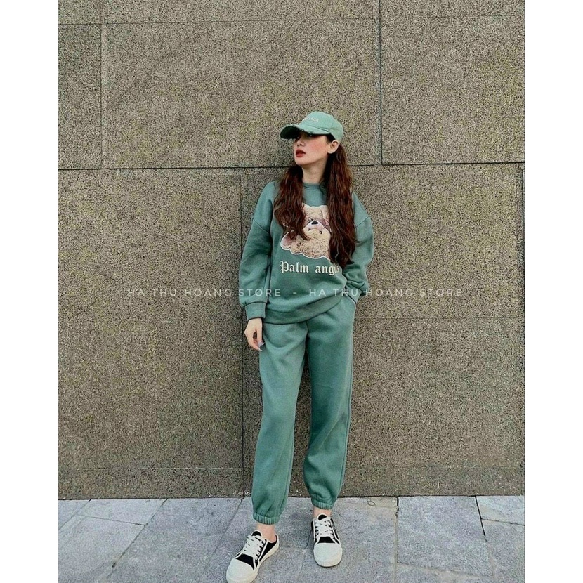 [11.11 Sae Freeship] Set bộ nỉ nữ quần dài; áo tay dài cổ tròn in hình gấu trẻ trung năng động