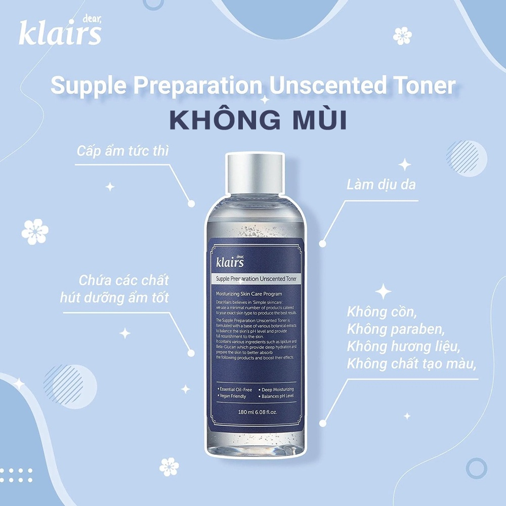 Toner Klairs - Nước hoa hồng Dear, Klairs Supple Preparation Unscented / Facial Toner 180ml (Không Mùi / Có Mùi)