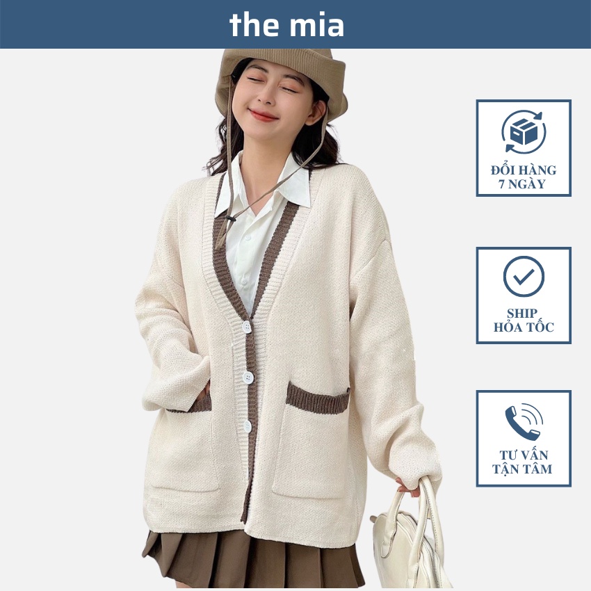 Áo khoác nữ cardigan len viền, áo len dệt kim dài tay hai túi,from rộng dáng Hàn Quốc AKC2001