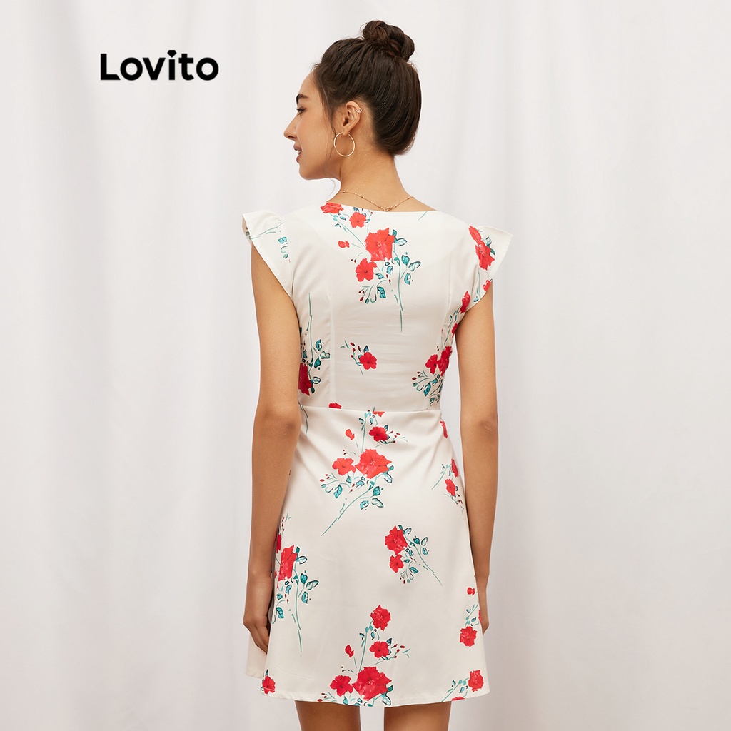 Đầm Lovito tay diềm xếp nếp thắt nút cổ chữ V họa tiết hoa dễ thương L19D116 (Màu trắng)