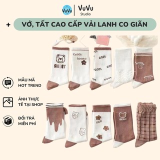 Tất vớ cao cổ màu nâu trắng - thời trang nữ vớ/tất cao cấp vải cotton combo 10 đôi