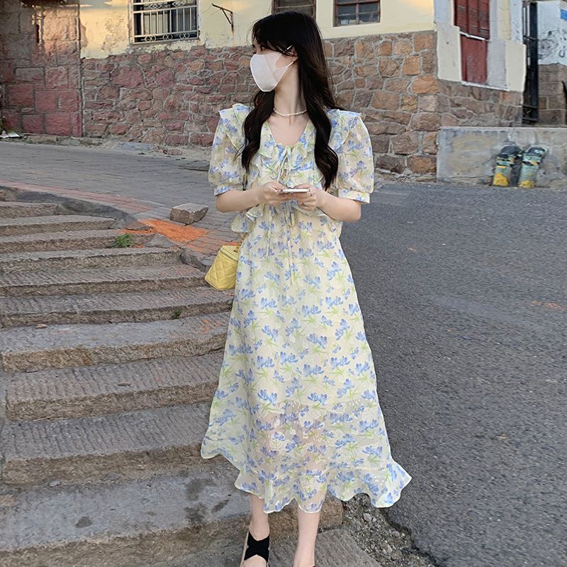 Đầm Công Chúa Mùa Hè Tay Phồng Cổ Búp Bê Họa Tiết Hoa Phong Cách Hàn Quốc