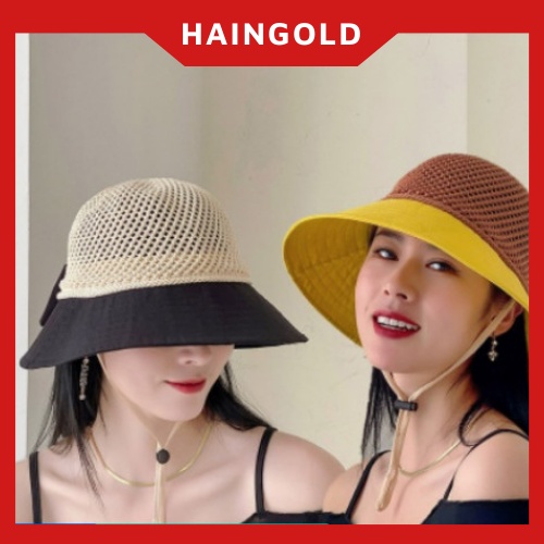 Nón, mũ cói đi biển có vành, đính nơ nhiều màu thời trang