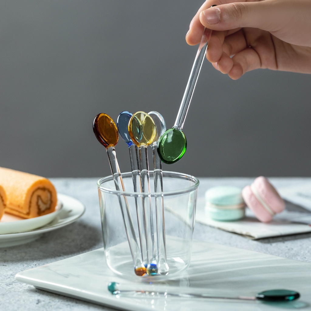 Thìa cafe thủy tinh 14.5cm nhiều màu sắc đáng yêu, Thìa muỗng thủy tinh chịu nhiệt