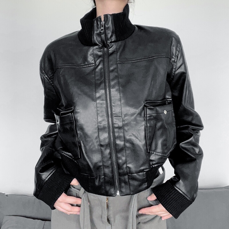 Áo khoác da Kliou tay dài dáng rộng có khóa kéo phong cách punk 2022 cá tính dành cho nữ