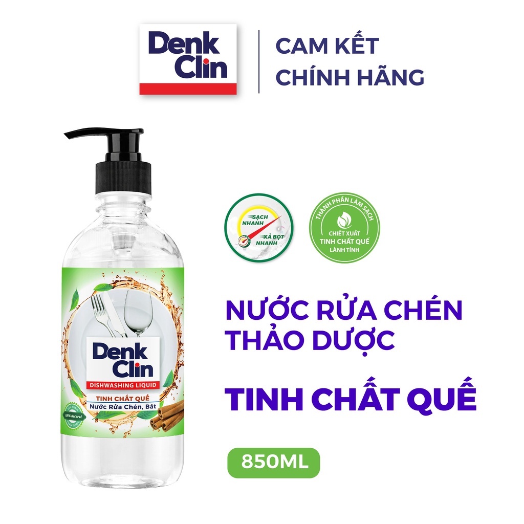 Nước Rửa Chén Denkclin 850ml Mềm Dịu Da Tay Hương Quế Thiên Nhiên Không Mùi
