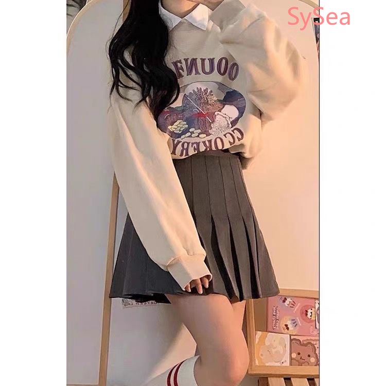 Bộ Áo Hoodie In Họa Tiết + Chân Váy Xếp Ly Lưng Cao Xinh Xắn Theo Phong Cách Mùa Thu Hàn Quốc Dành
