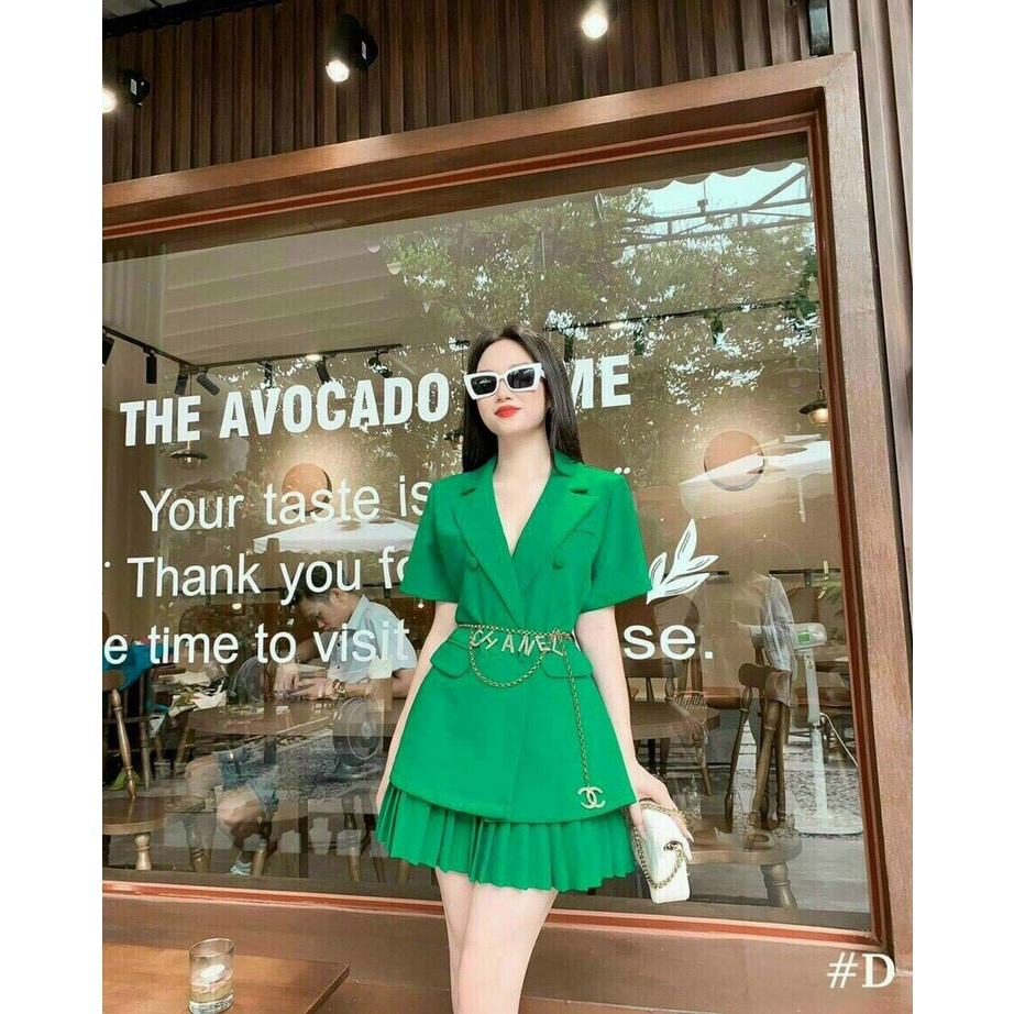 sét bộ váy xếp ly phối áo giả vest hot ko kèm phụ kiện