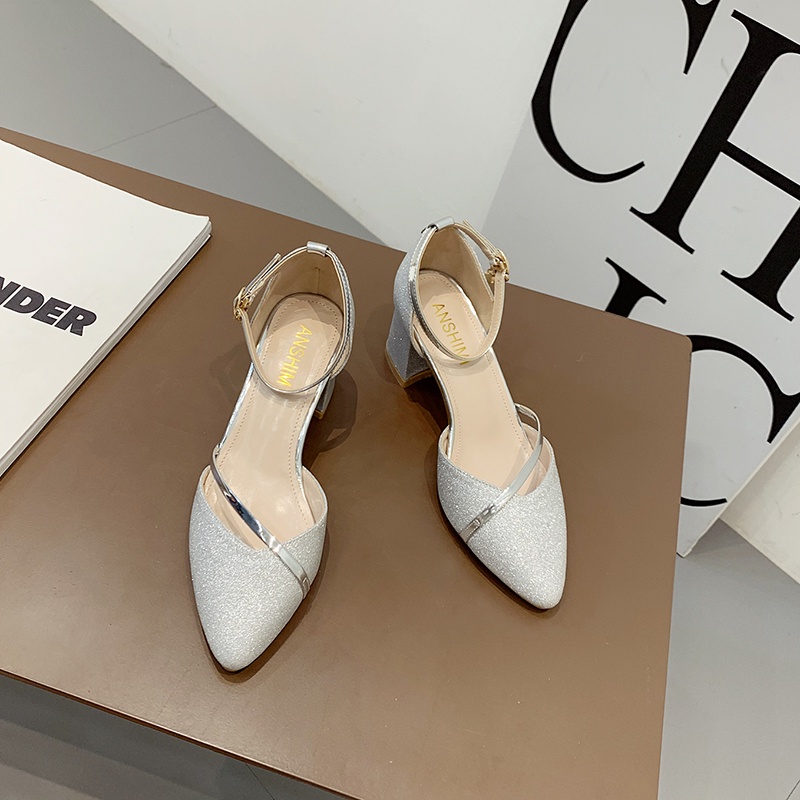 2022 giày cao gót nữ đế vuông giày cao gót nữ mũi nhọn giày cao gót mũi vuông giày cao gót 5 phân Giày Cao Gót Đế Dày Vừa Đính Kim Tuyến Lấp Lánh Thời Trang Xuân Thu Mới