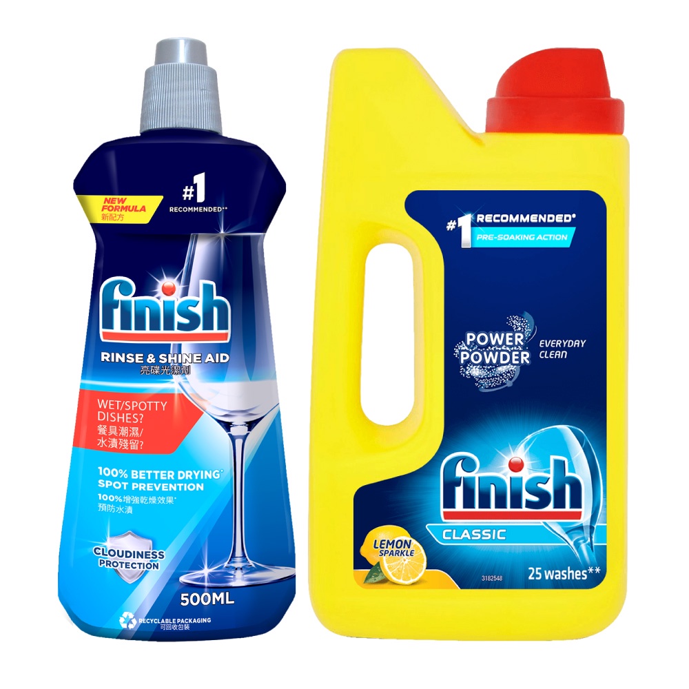 Combo Finish Làm quen 2: Bột Rửa Chén Hương Chanh Lemon Classic 1kg + Nước Làm Bóng Rinse &amp; Shine 500ml