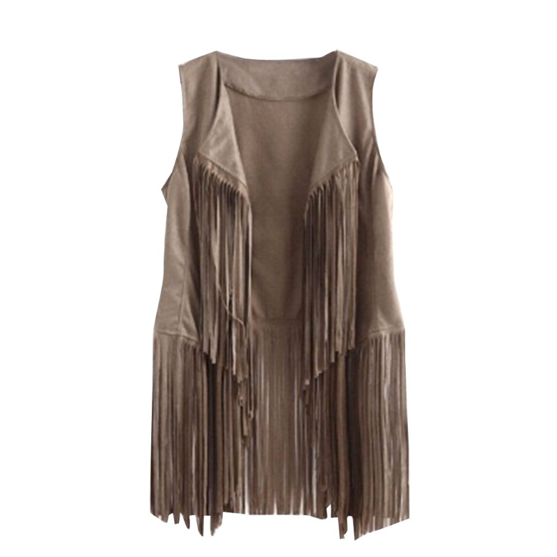 Xiangbao Áo Khoác Cardigan Da Lộn Không Tay Tua Rua Dáng Dài Phong Cách Dân Tộc Cổ Điển Thập Niên 70s Hippie Hở Eo