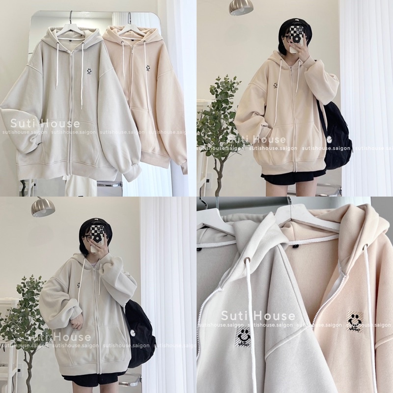 [ẢNH THẬT-CÓ SẴN] Áo Hoodie Zip Thêu icon Unisex Màu Tan Ghi và Tan Be Tay Bồng Form Rộng - Suti House